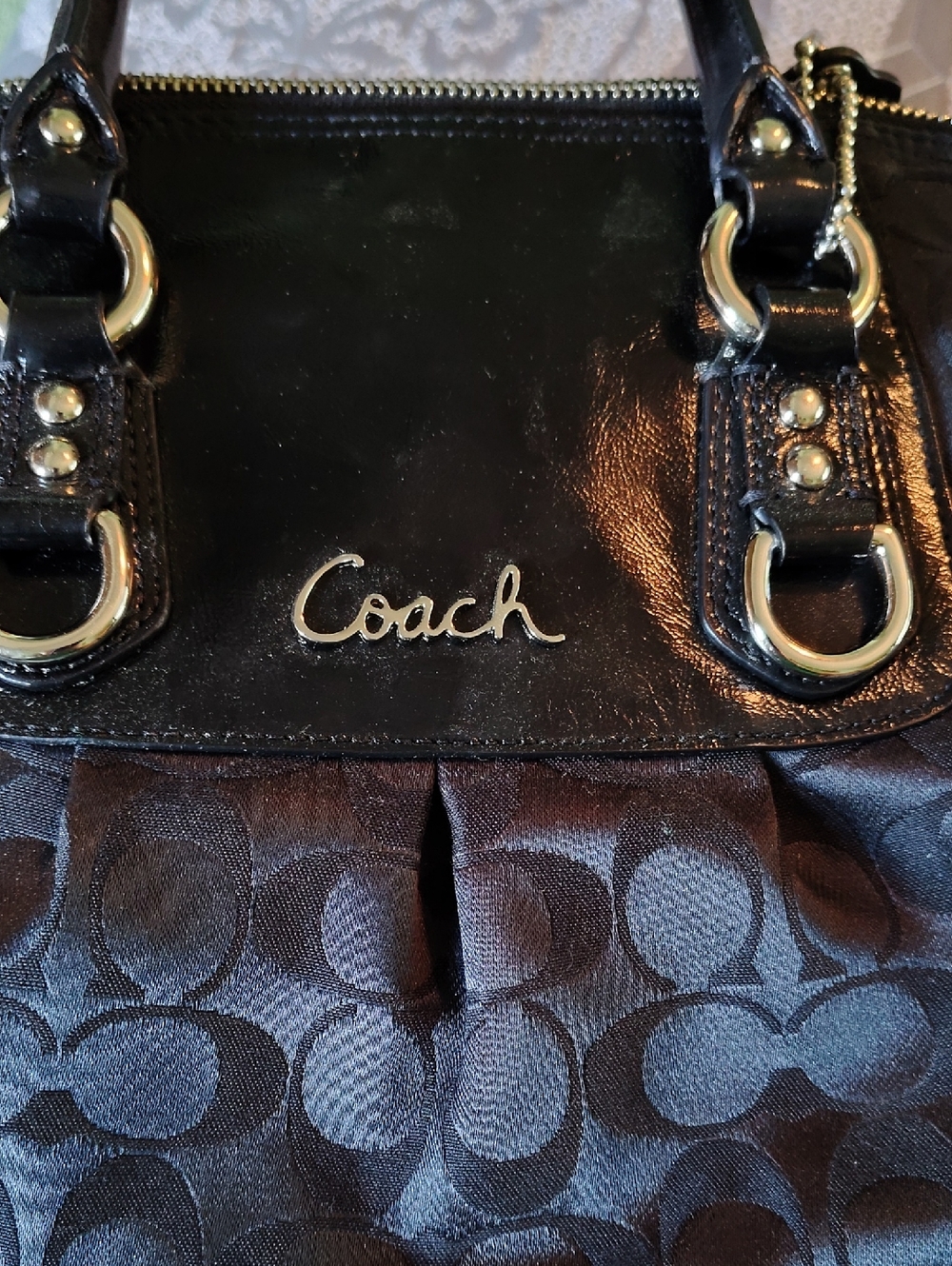 Coach Black Signature Pattern with Patent Trim And Silver Hardware - Picture 5 of 8